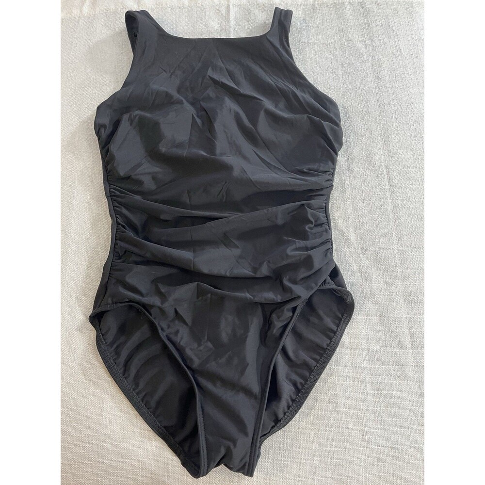 Miraclesuit Womens Black Swimsuit Rushed Front Cut Back Size 12